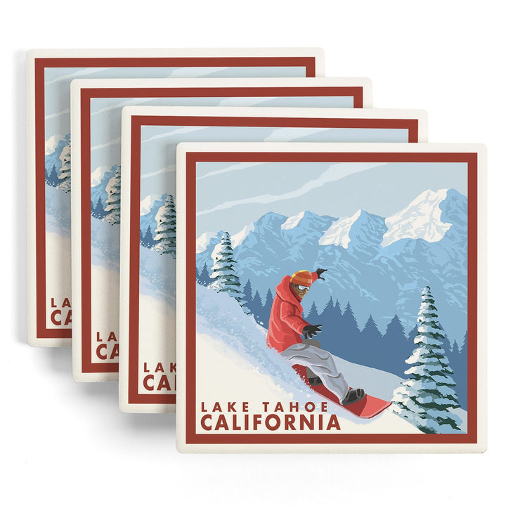 Lake Tahoe, California, Snowboarder Scene, Lantern Press Artwork, Coaster Set - Lantern Press