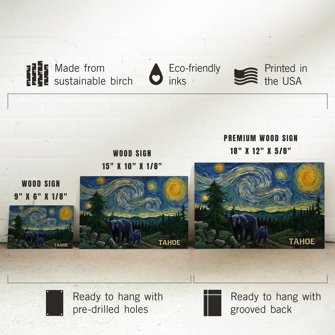 Lake Tahoe, California, Starry Night, Black Bear and Cub, Wood Signs and Postcards Wood Lantern Press 