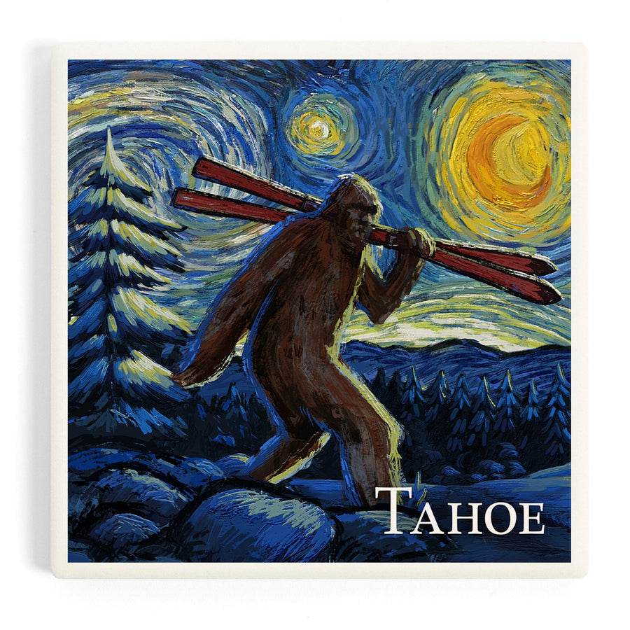 Lake Tahoe, California, Starry Night, Winter Bigfoot with Skis, Coasters Coasters Lantern Press 