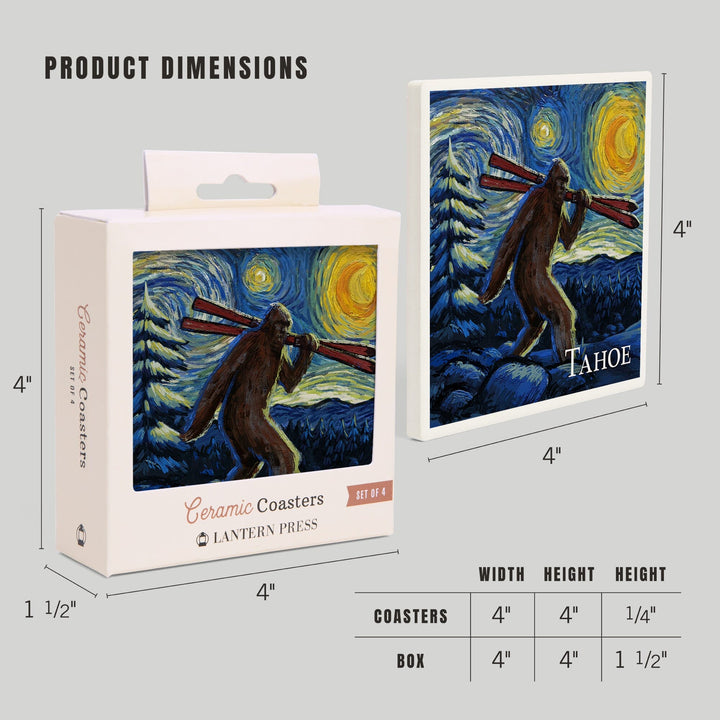 Lake Tahoe, California, Starry Night, Winter Bigfoot with Skis, Coasters Coasters Lantern Press 