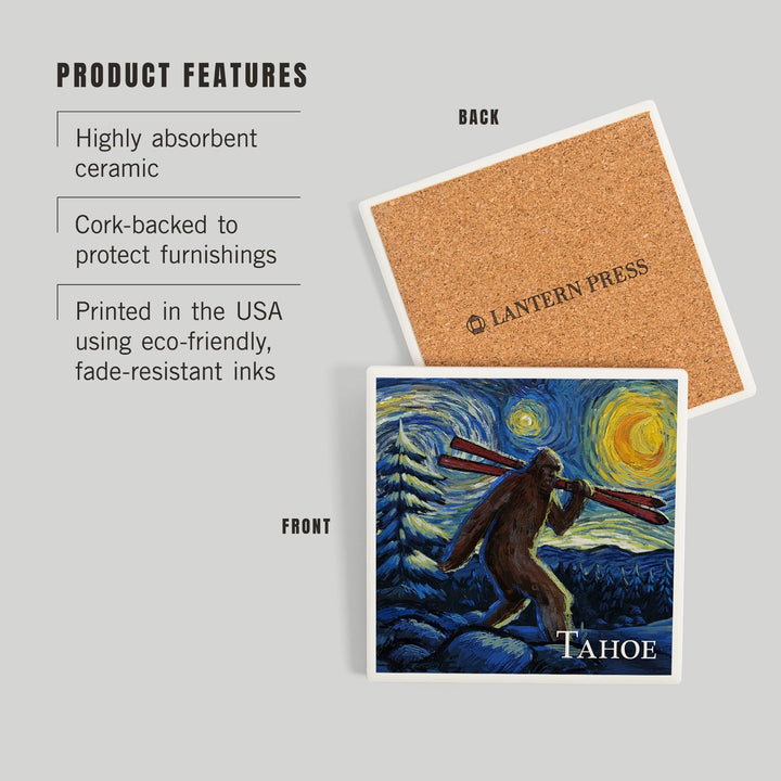 Lake Tahoe, California, Starry Night, Winter Bigfoot with Skis, Coasters Coasters Lantern Press 