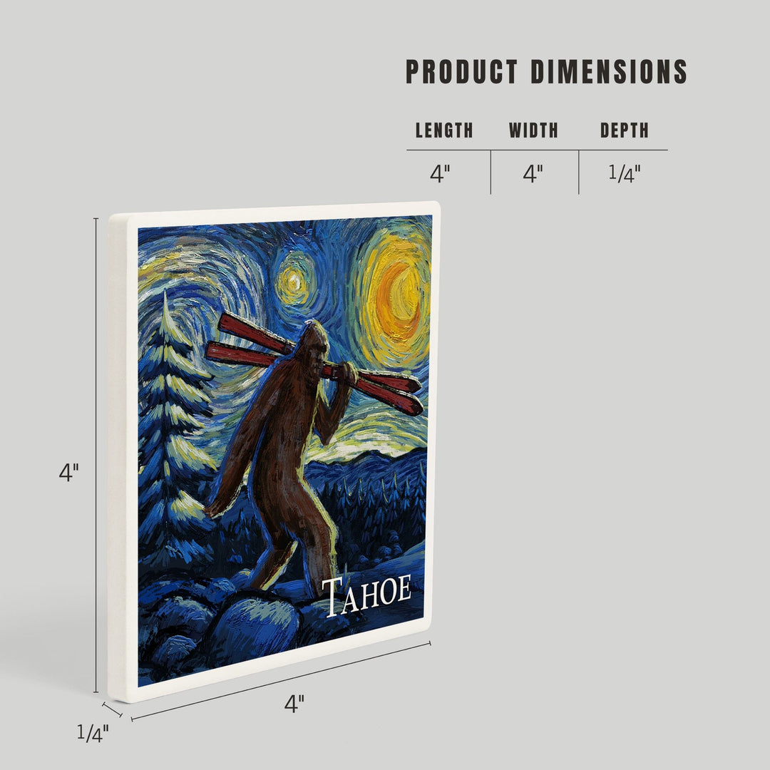 Lake Tahoe, California, Starry Night, Winter Bigfoot with Skis, Coasters Coasters Lantern Press 
