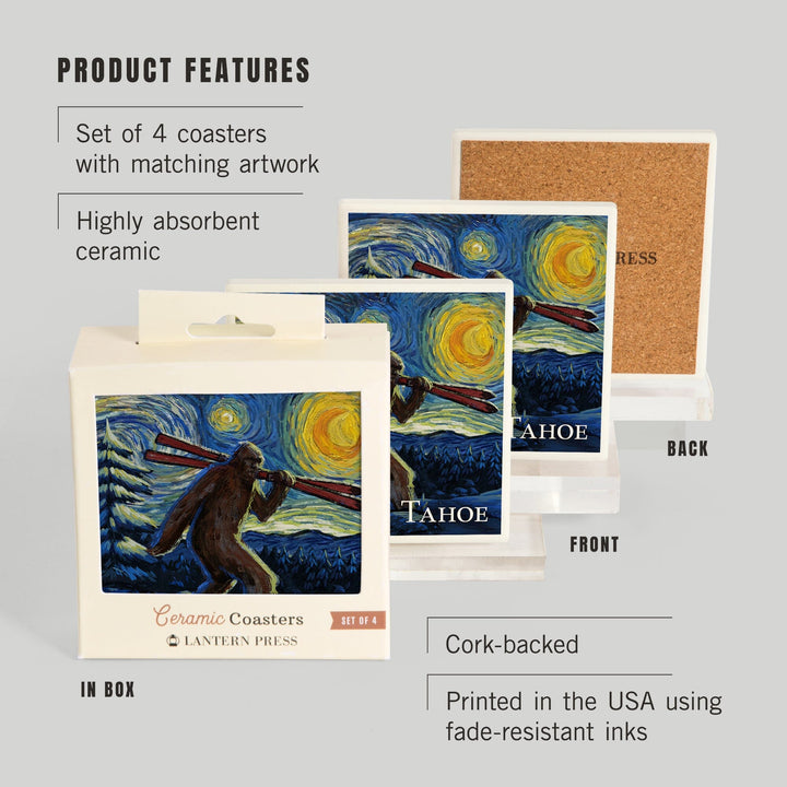 Lake Tahoe, California, Starry Night, Winter Bigfoot with Skis, Coasters Coasters Lantern Press 