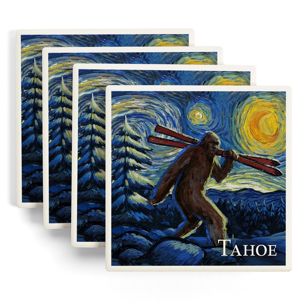 Lake Tahoe, California, Starry Night, Winter Bigfoot with Skis, Coasters Coasters Lantern Press 