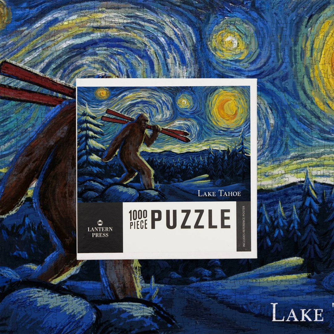 Lake Tahoe, California, Starry Night, Winter Bigfoot with Skis, Jigsaw Puzzle Puzzle Lantern Press 