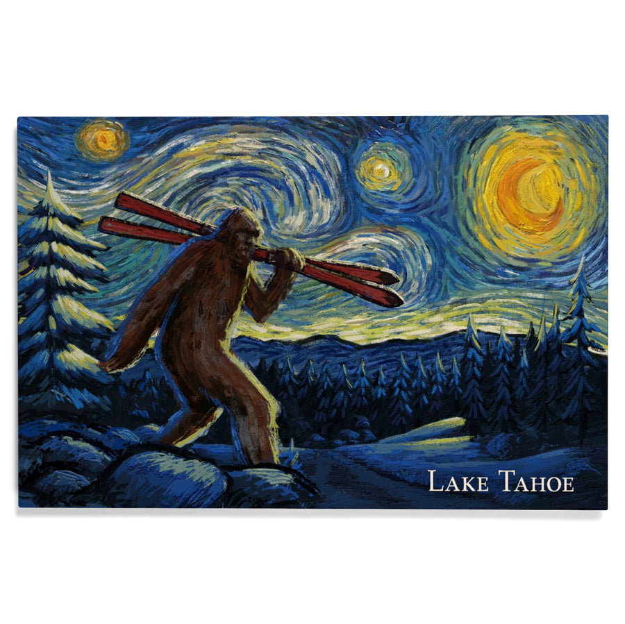Lake Tahoe, California, Starry Night, Winter Bigfoot with Skis, Wood Signs and Postcards Wood Lantern Press 