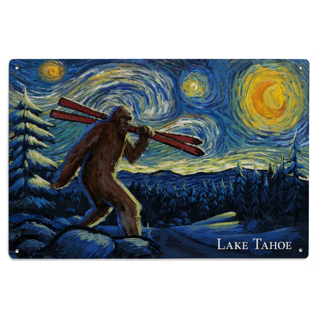 Lake Tahoe, California, Starry Night, Winter Bigfoot with Skis, Wood Signs and Postcards Wood Lantern Press 