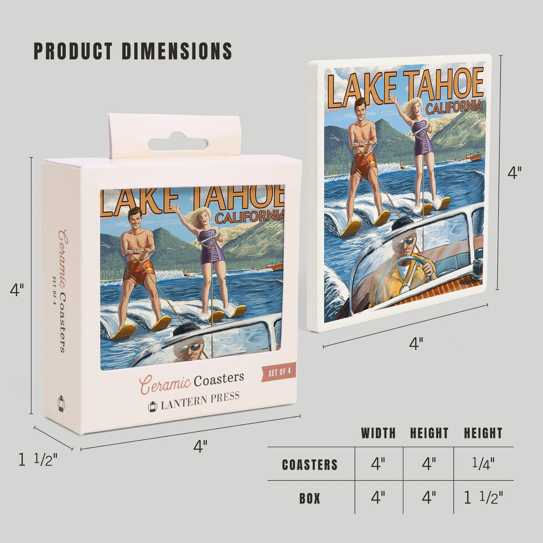 Lake Tahoe, California, Water Skiing Scene, Lantern Press Artwork, Coaster Set - Lantern Press