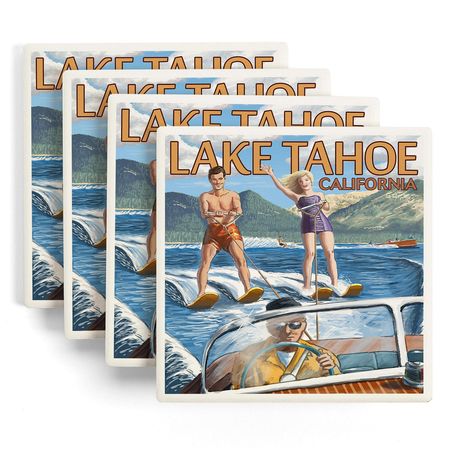 Lake Tahoe, California, Water Skiing Scene, Lantern Press Artwork, Coaster Set - Lantern Press