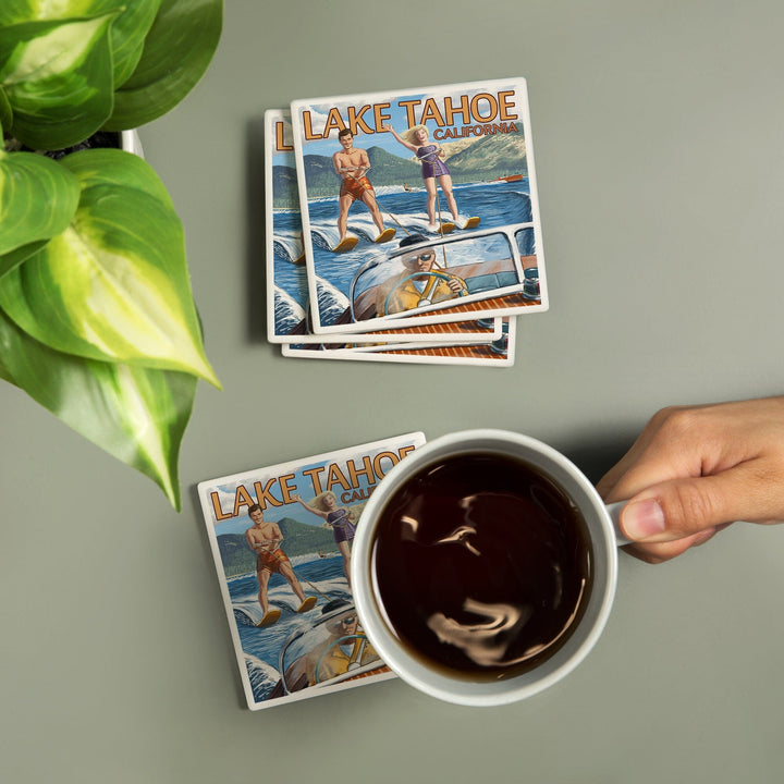 Lake Tahoe, California, Water Skiing Scene, Lantern Press Artwork, Coaster Set - Lantern Press