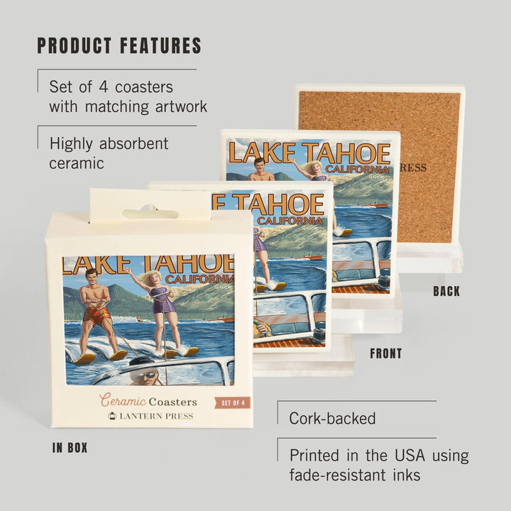 Lake Tahoe, California, Water Skiing Scene, Lantern Press Artwork, Coaster Set - Lantern Press