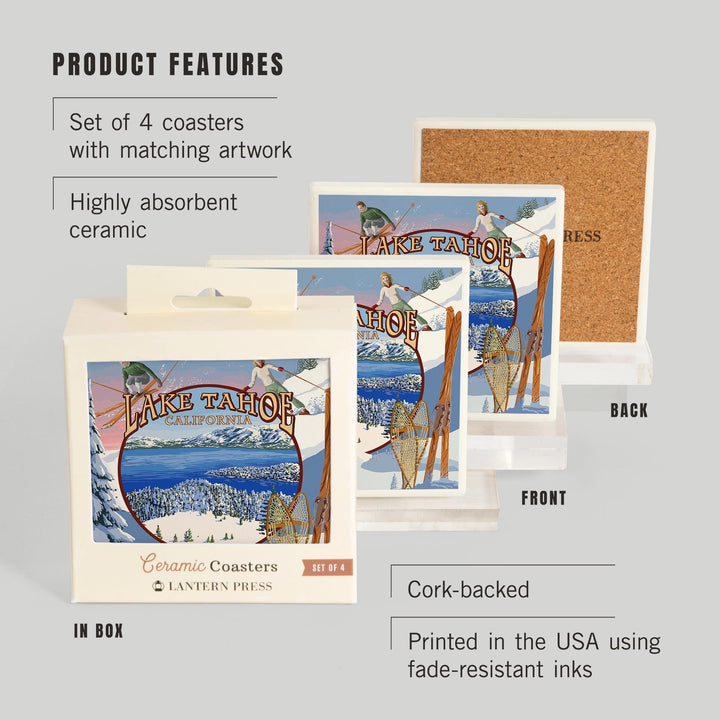 Lake Tahoe, California, Winter Views, Lantern Press Artwork, Coaster Set - Lantern Press