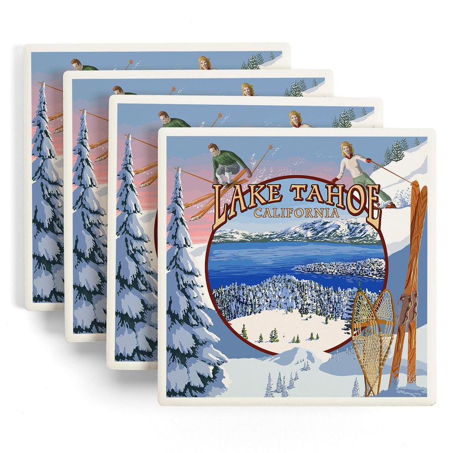 Lake Tahoe, California, Winter Views, Lantern Press Artwork, Coaster Set - Lantern Press