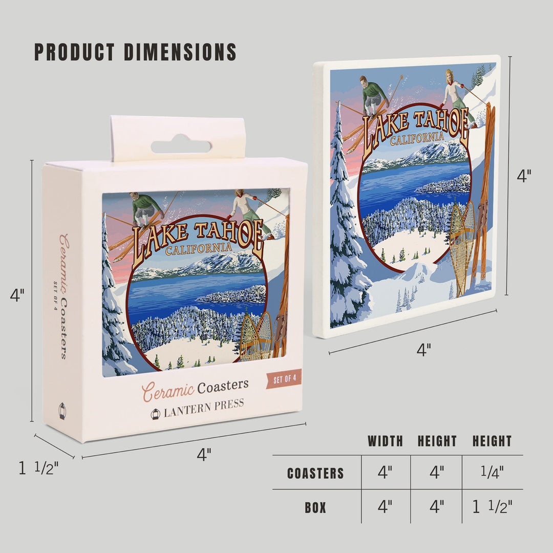 Lake Tahoe, California, Winter Views, Lantern Press Artwork, Coaster Set - Lantern Press