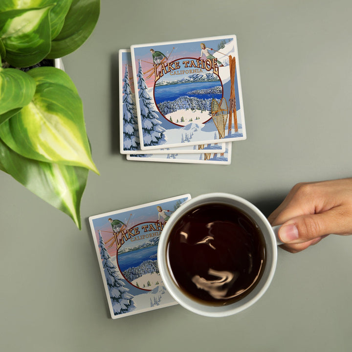 Lake Tahoe, California, Winter Views, Lantern Press Artwork, Coaster Set - Lantern Press