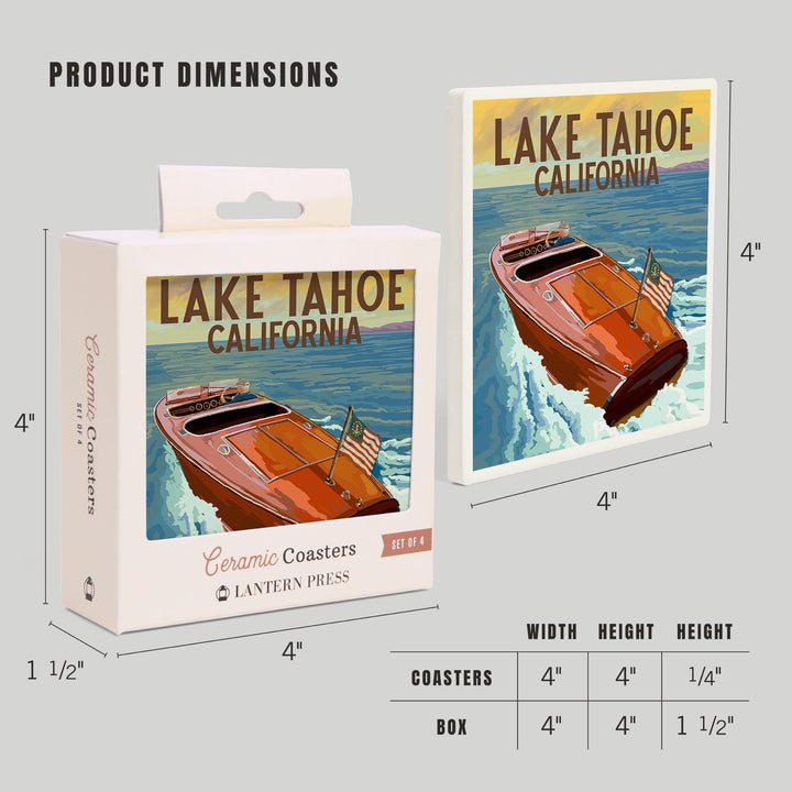 Lake Tahoe, California, Wooden Boat, Lantern Press Artwork, Coaster Set - Lantern Press