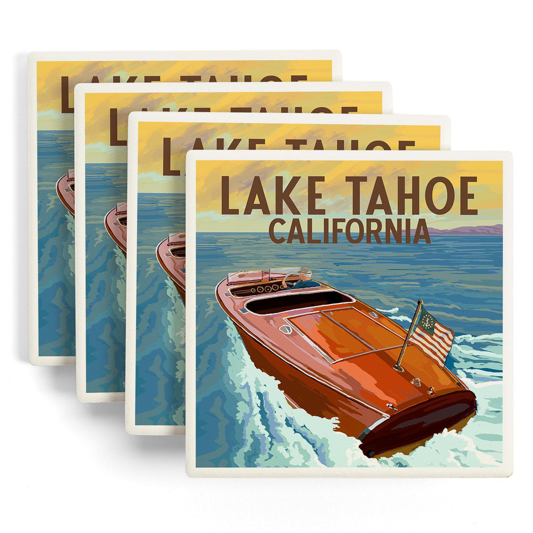 Lake Tahoe, California, Wooden Boat, Lantern Press Artwork, Coaster Set - Lantern Press