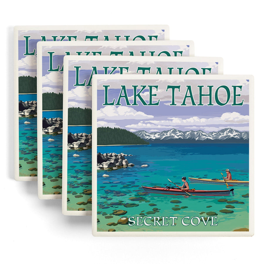 Lake Tahoe, Kayakers in Secret Cove, Lantern Press Artwork, Coaster Set - Lantern Press