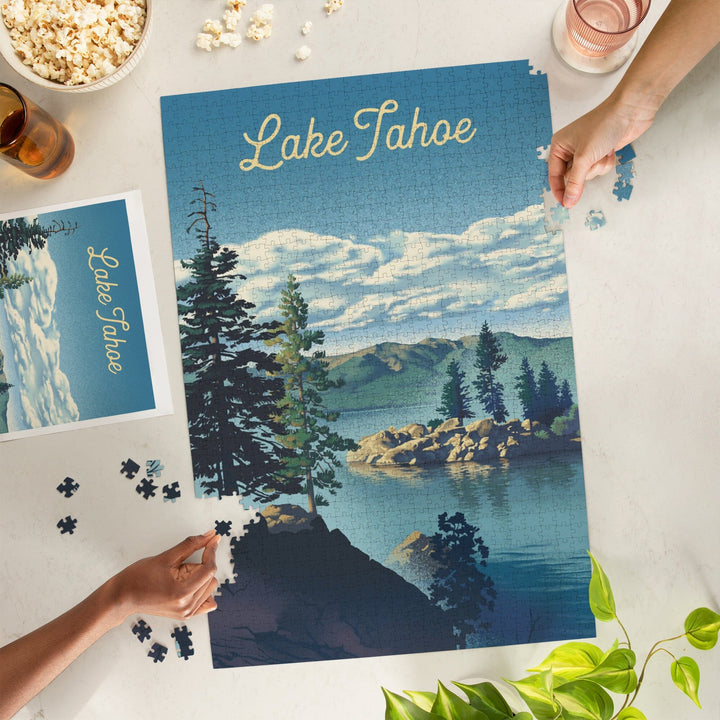 Lake Tahoe, Lithograph, Jigsaw Puzzle - Lantern Press