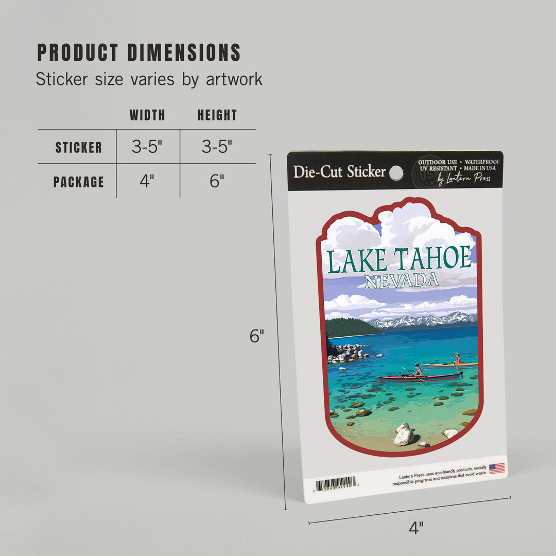 Lake Tahoe, Nevada, Kayakers in Cove, Contour, Lantern Press Artwork, Vinyl Sticker Sticker Lantern Press 