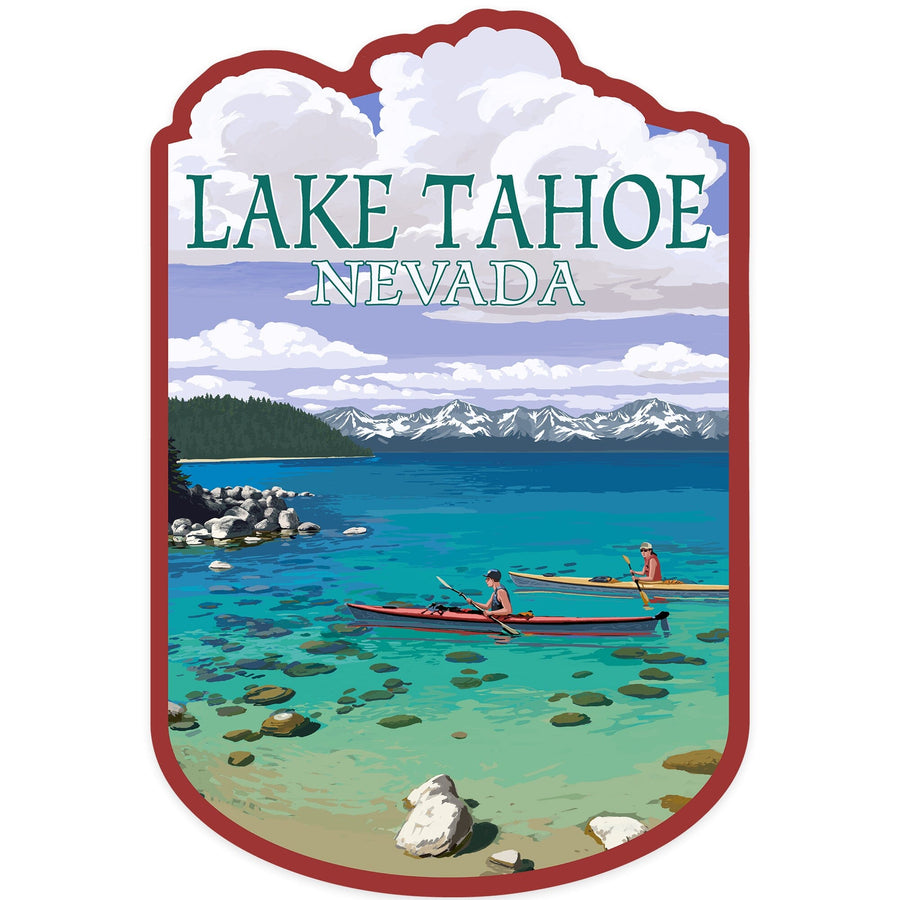 Lake Tahoe, Nevada, Kayakers in Cove, Contour, Lantern Press Artwork, Vinyl Sticker Sticker Lantern Press 