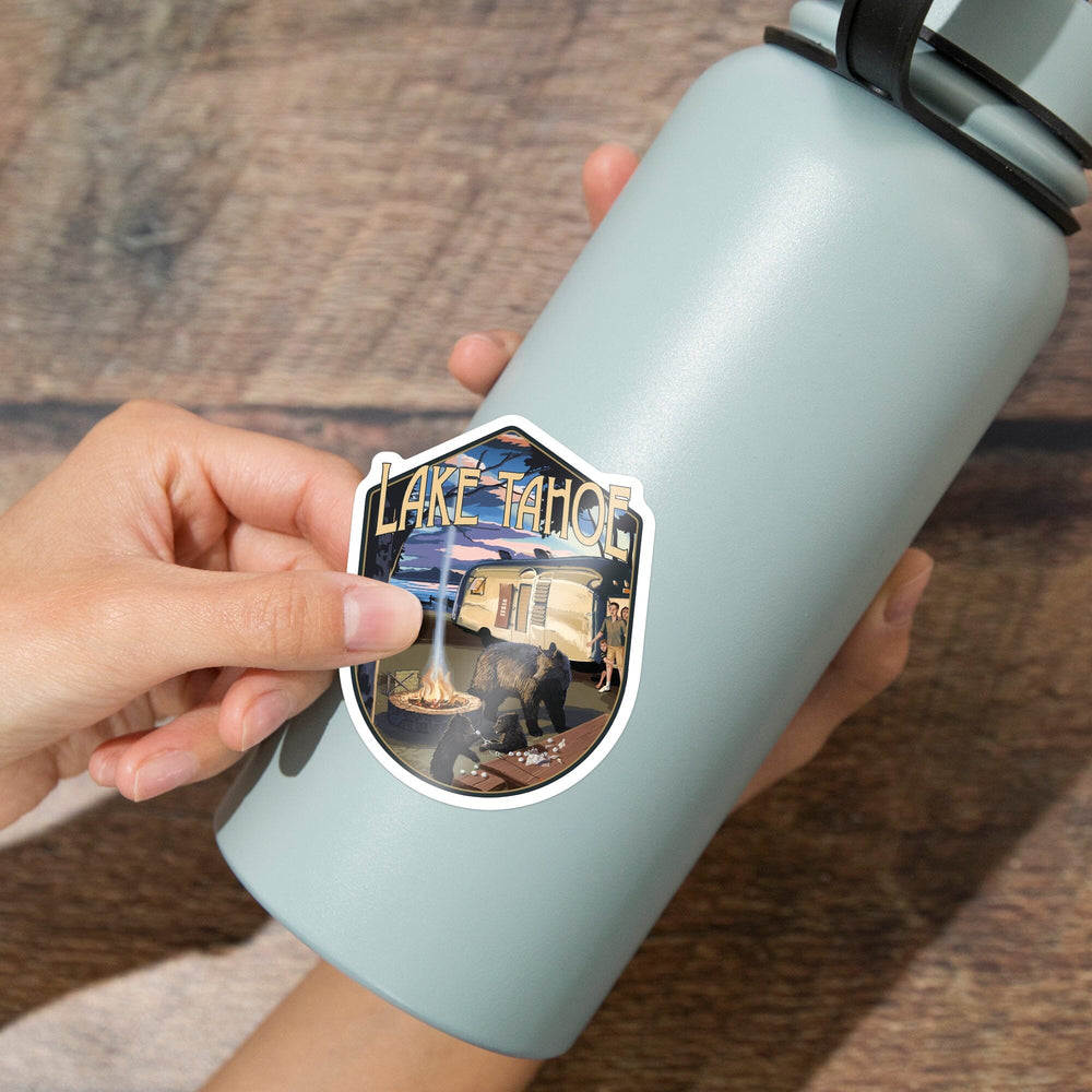 Lake Tahoe, Retro Camper and Lake, Contour, Vinyl Sticker - Lantern Press