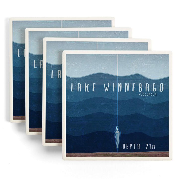 Lake Winnebago, Wisconsin, Lake Essentials, Lake Depth, Lantern Press Artwork, Coaster Set - Lantern Press