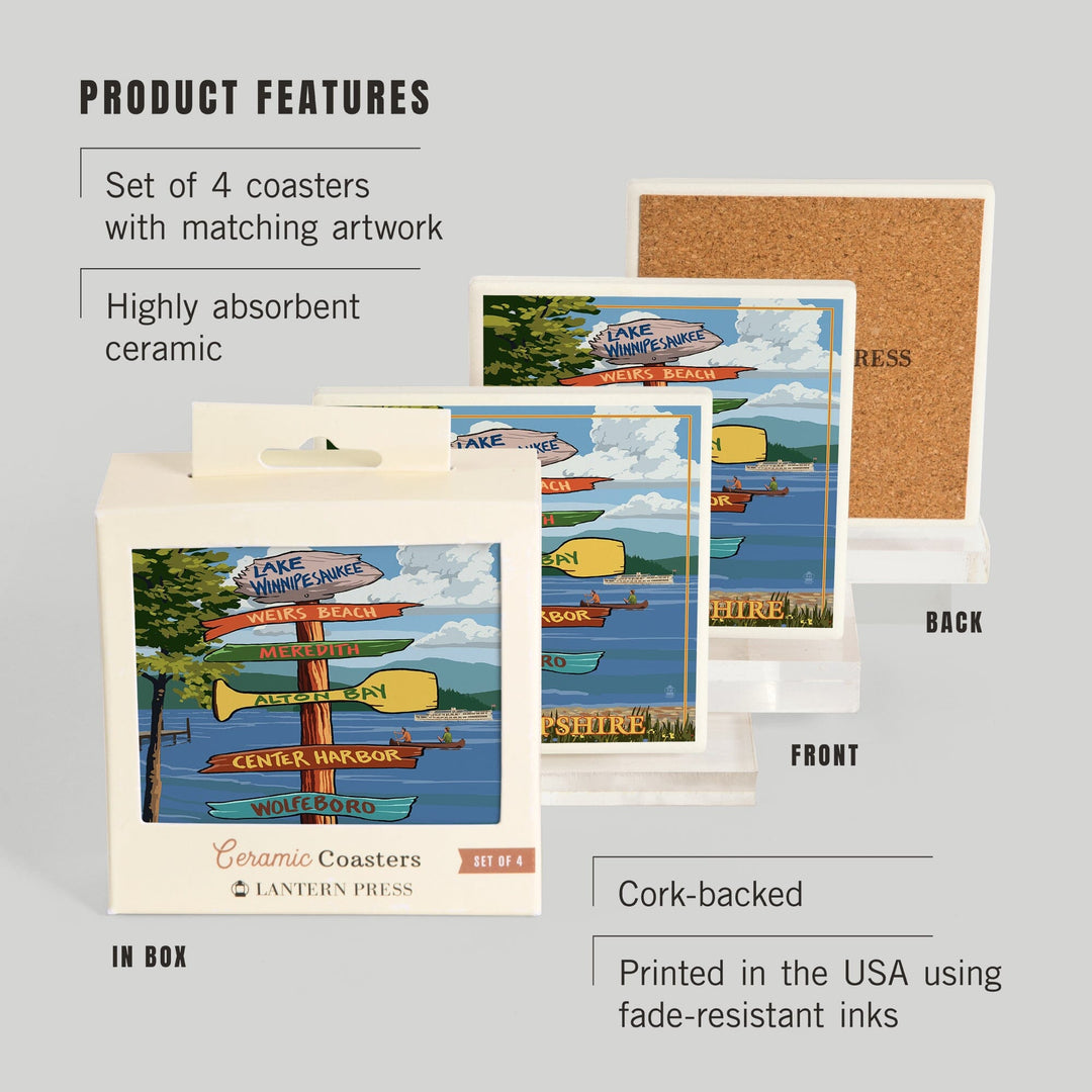Lake Winnipesaukee, New Hampshire, Destinations Sign, Coasters Coasters Lantern Press 