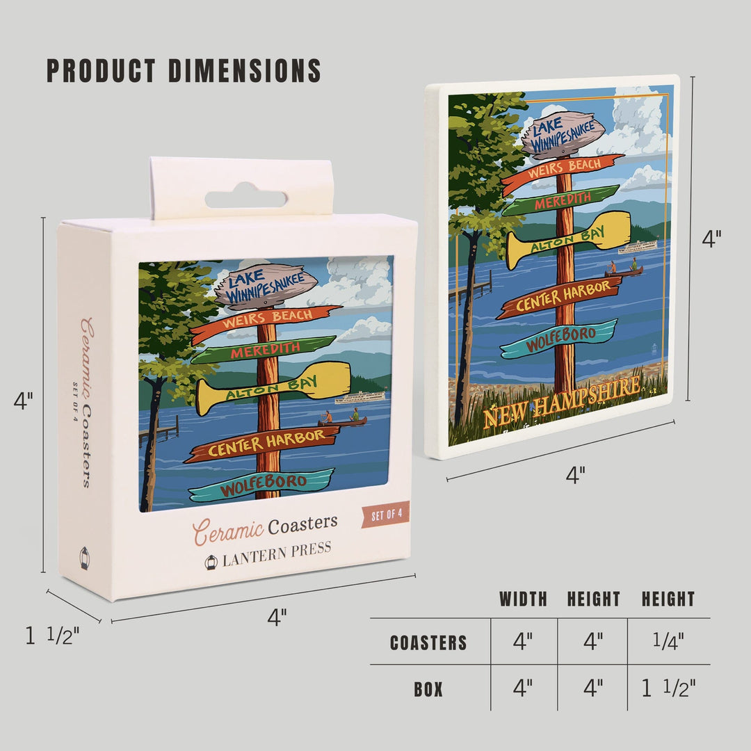 Lake Winnipesaukee, New Hampshire, Destinations Sign, Lantern Press Artwork, Coaster Set - Lantern Press