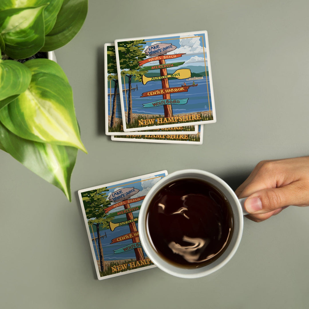 Lake Winnipesaukee, New Hampshire, Destinations Sign, Lantern Press Artwork, Coaster Set - Lantern Press