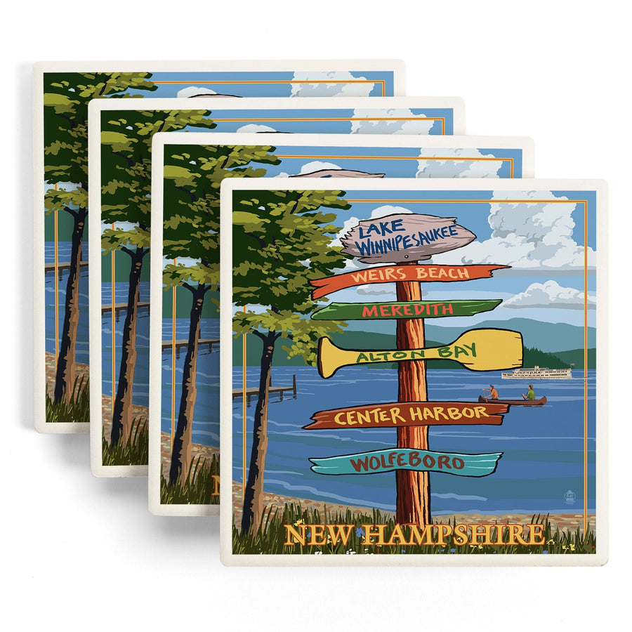 Lake Winnipesaukee, New Hampshire, Destinations Sign, Lantern Press Artwork, Coaster Set - Lantern Press