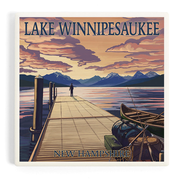 Lake Winnipesaukee, New Hampshire, Dock Scene at Sunset, Coasters Coasters Lantern Press 