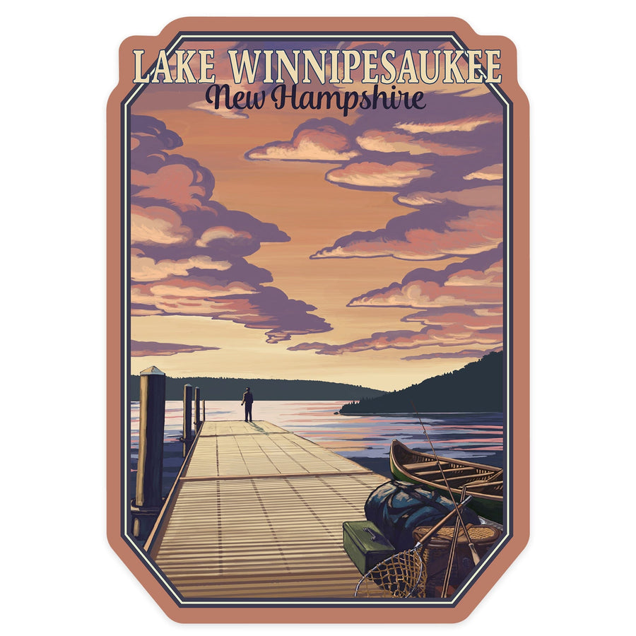 Lake Winnipesaukee, New Hampshire, Dock Scene at Sunset, Contour, Lantern Press Artwork, Vinyl Sticker Sticker Lantern Press 