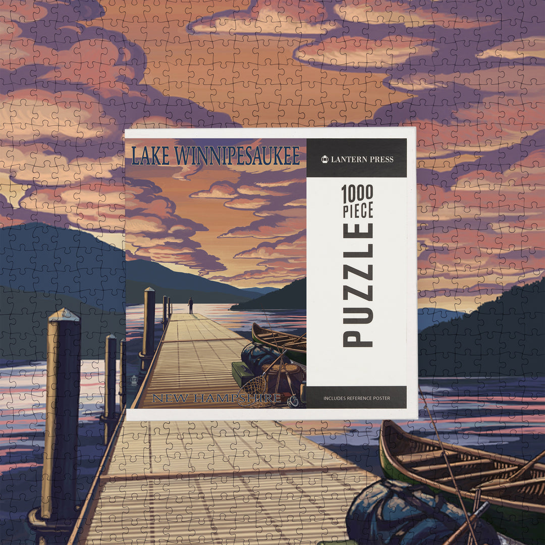 Lake Winnipesaukee, New Hampshire, Dock Scene at Sunset, Jigsaw Puzzle Puzzle Lantern Press 