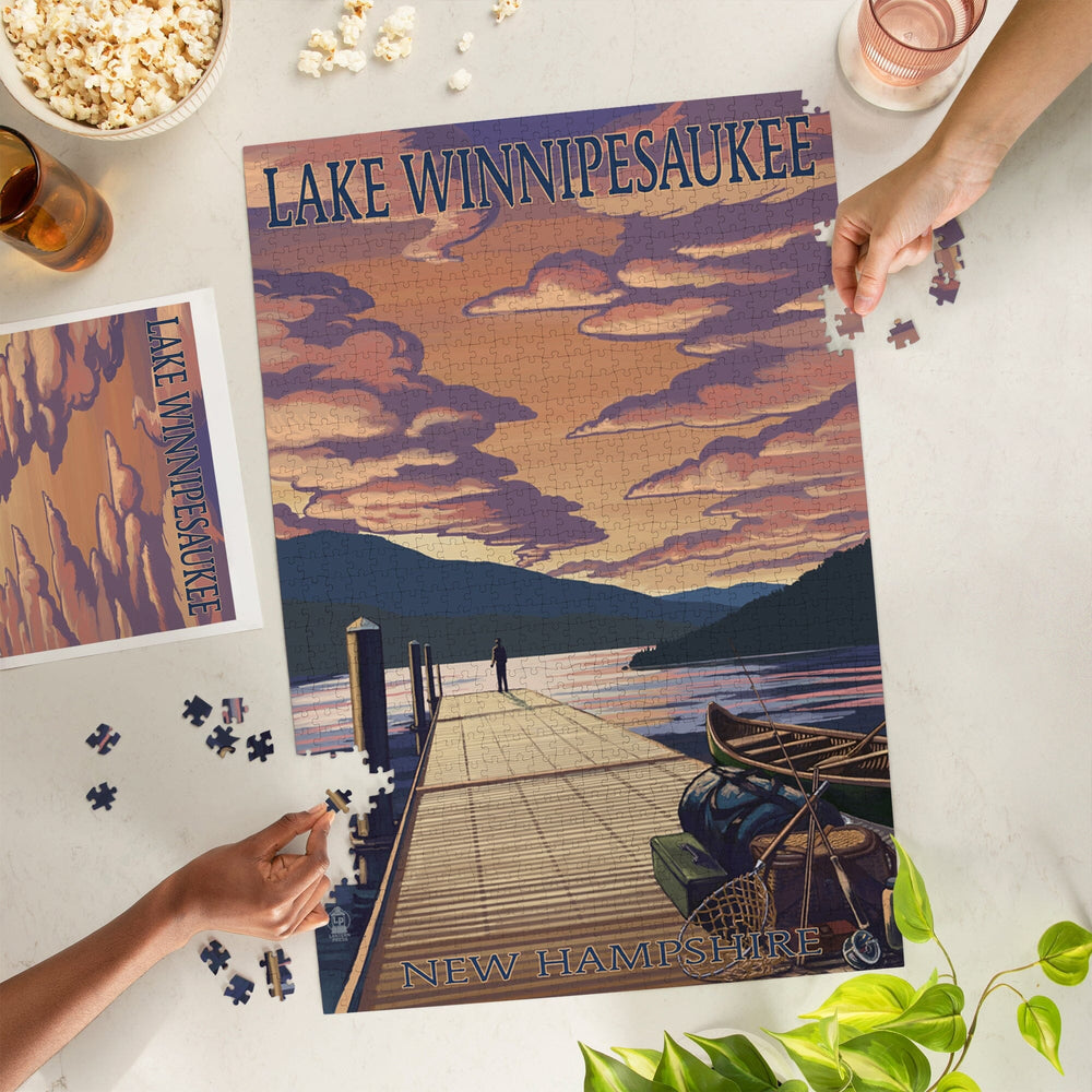 Lake Winnipesaukee, New Hampshire, Dock Scene at Sunset, Jigsaw Puzzle Puzzle Lantern Press 