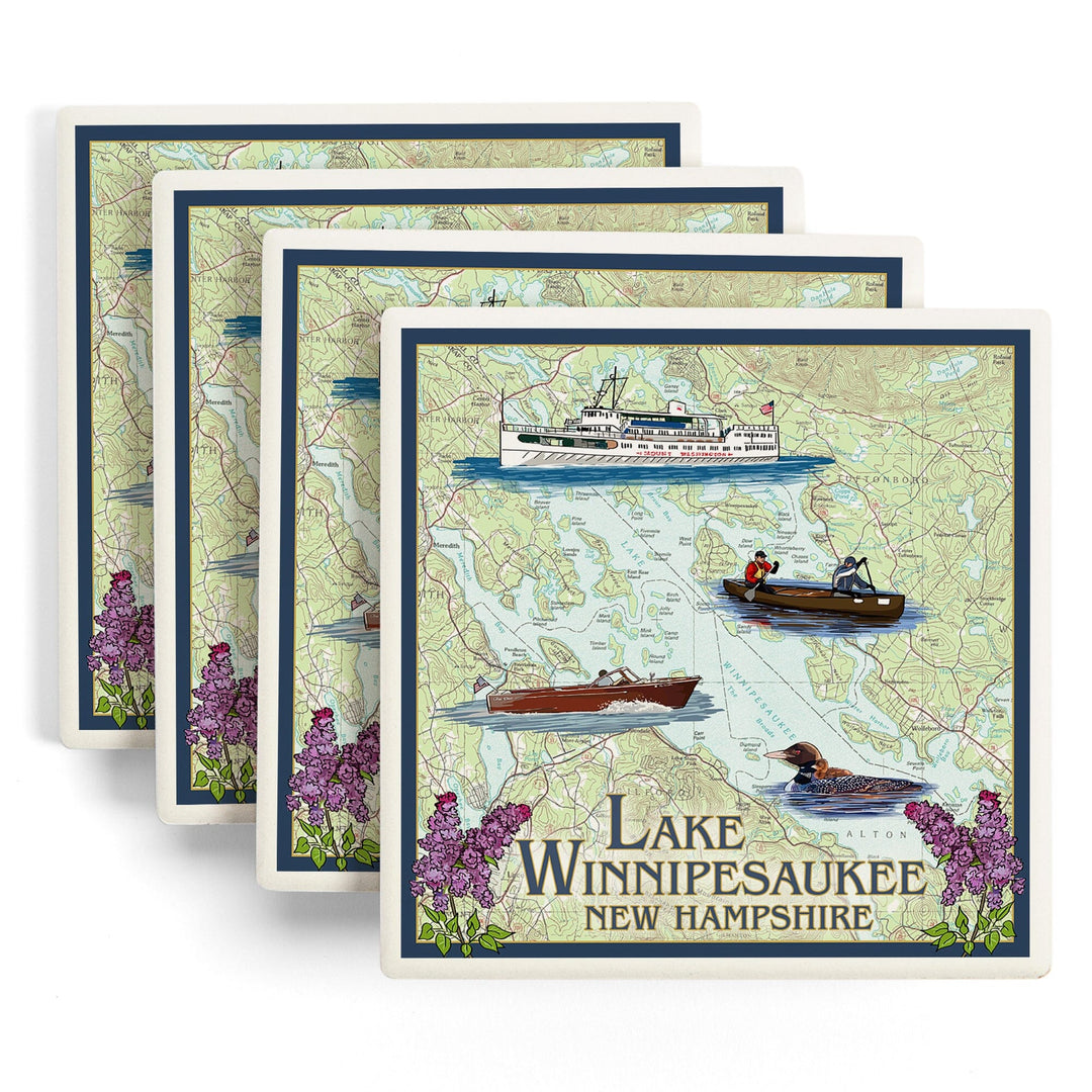 Lake Winnipesaukee, New Hampshire, Lake Chart, Coasters Coasters Lantern Press 