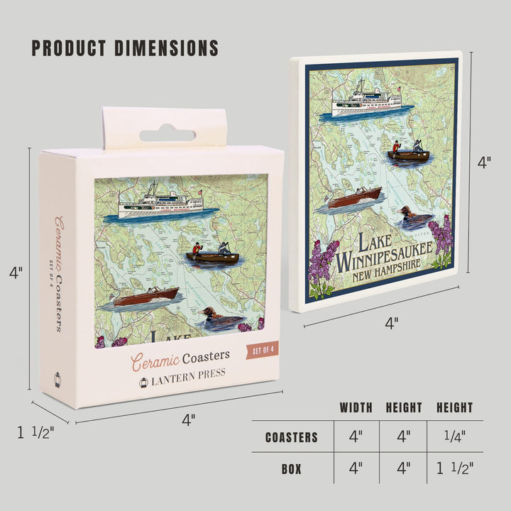 Lake Winnipesaukee, New Hampshire, Lake Chart, Coasters Coasters Lantern Press 