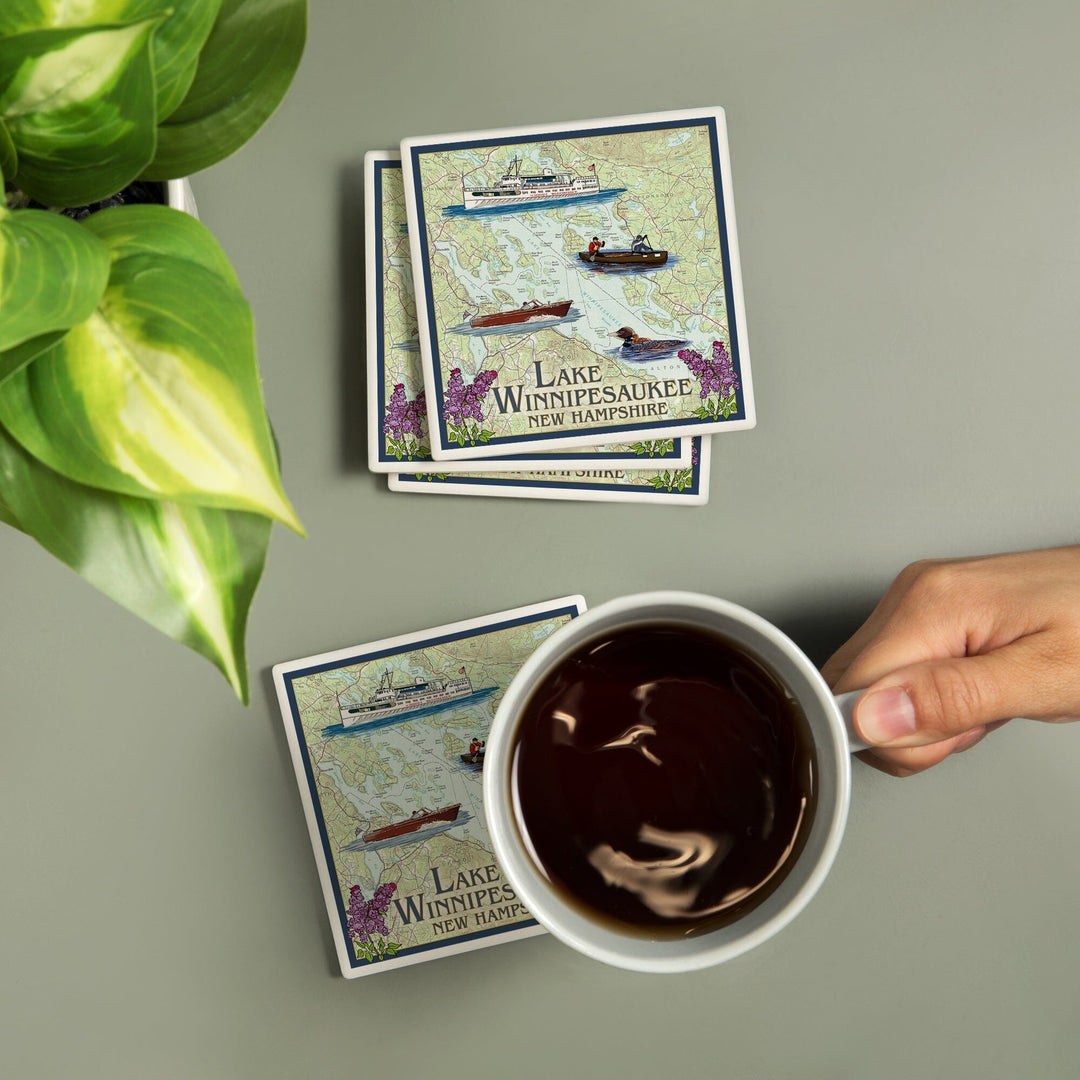 Lake Winnipesaukee, New Hampshire, Lake Chart, Coasters Coasters Lantern Press 