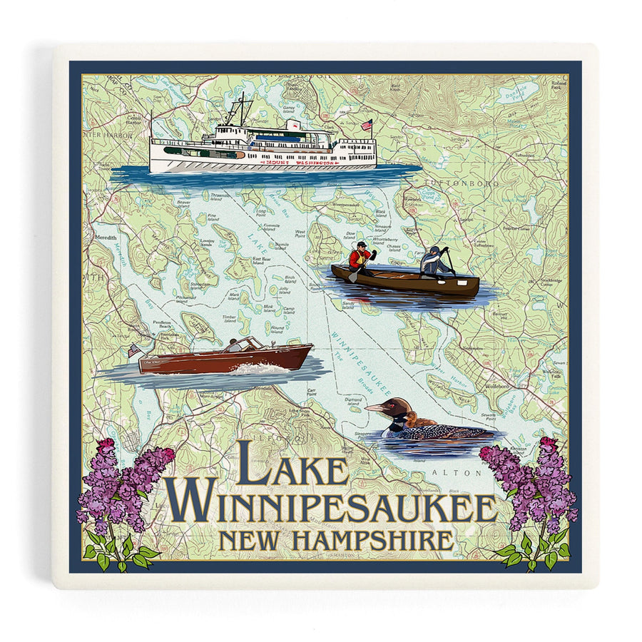 Lake Winnipesaukee, New Hampshire, Lake Chart, Coasters Coasters Lantern Press 
