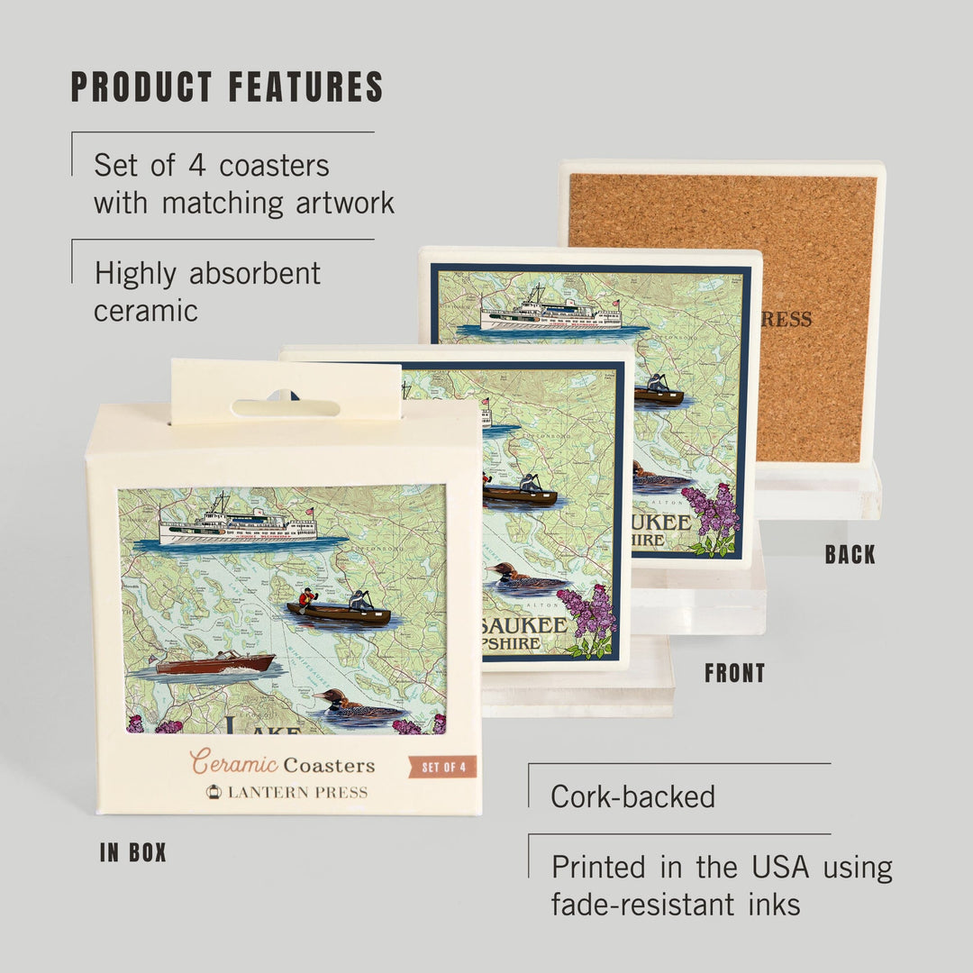 Lake Winnipesaukee, New Hampshire, Lake Chart, Coasters Coasters Lantern Press 