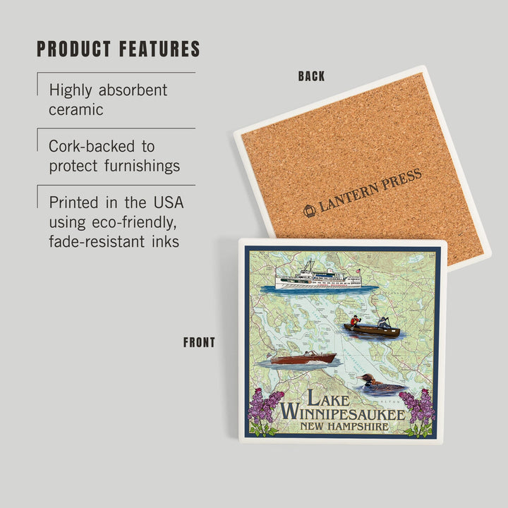 Lake Winnipesaukee, New Hampshire, Lake Chart, Coasters Coasters Lantern Press 