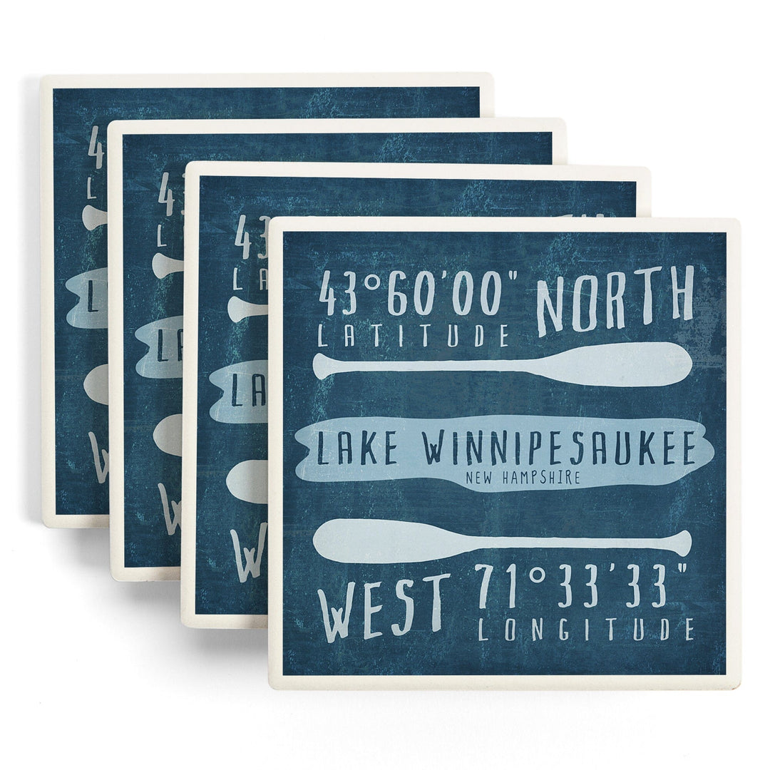 Lake Winnipesaukee, New Hampshire, Lake Essentials, Latitude & Longitude, Lantern Press Artwork, Coaster Set - Lantern Press