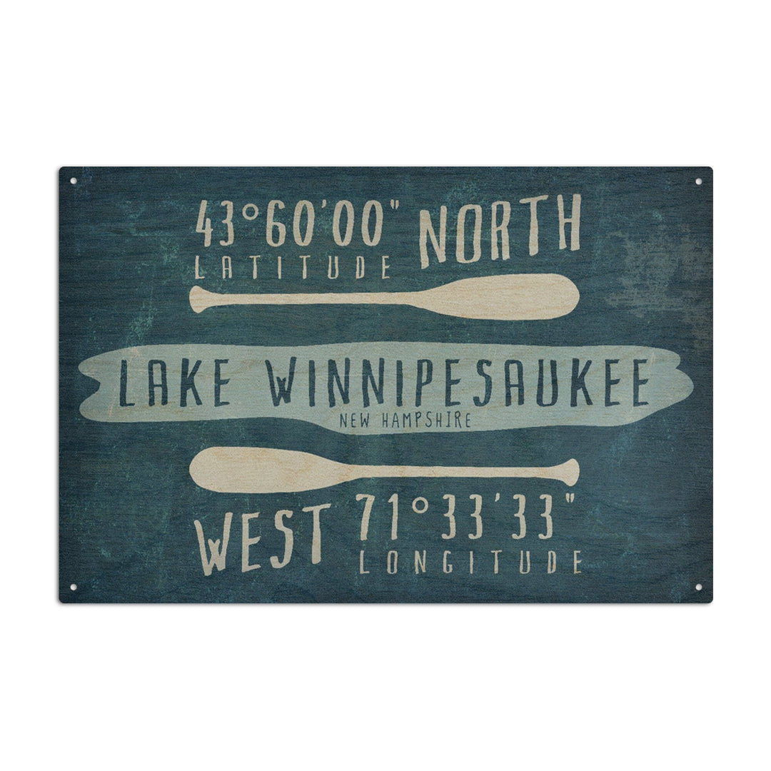 Lake Winnipesaukee, New Hampshire, Lake Essentials, Latitude & Longitude, Lantern Press Artwork, Wood Signs and Postcards Wood Lantern Press 10 x 15 Wood Sign 