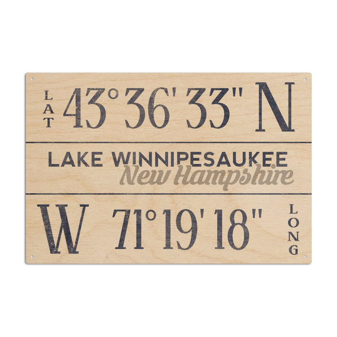 Lake Winnipesaukee, New Hampshire, Latitude & Longitude, Lantern Press Artwork, Wood Signs and Postcards Wood Lantern Press 10 x 15 Wood Sign 