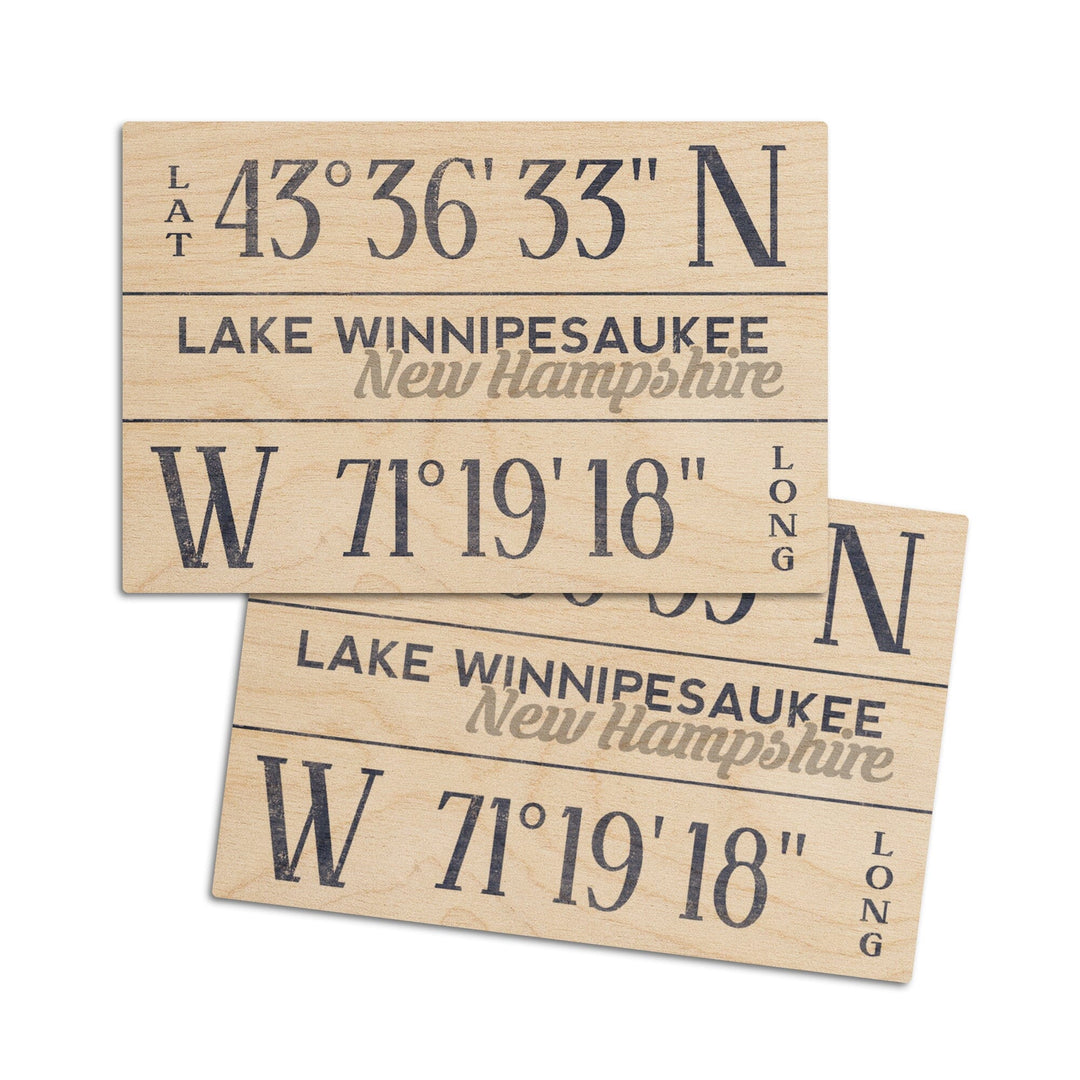 Lake Winnipesaukee, New Hampshire, Latitude & Longitude, Lantern Press Artwork, Wood Signs and Postcards Wood Lantern Press 4x6 Wood Postcard Set 