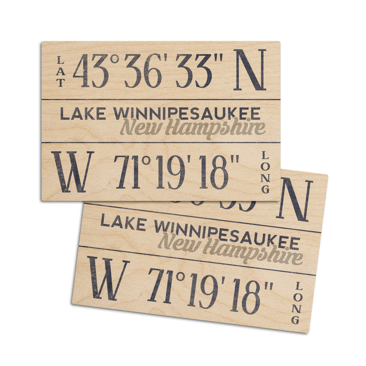 Lake Winnipesaukee, New Hampshire, Latitude & Longitude, Lantern Press Artwork, Wood Signs and Postcards Wood Lantern Press 4x6 Wood Postcard Set 