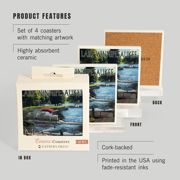 Lake Winnipesaukee, New Hampshire, Pontoon and Lake, Coasters Coasters Lantern Press 