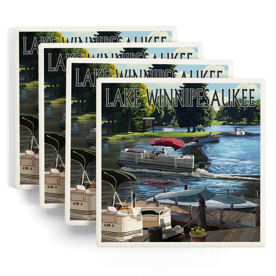 Lake Winnipesaukee, New Hampshire, Pontoon & Lake, Lantern Press Poster, Coaster Set - Lantern Press