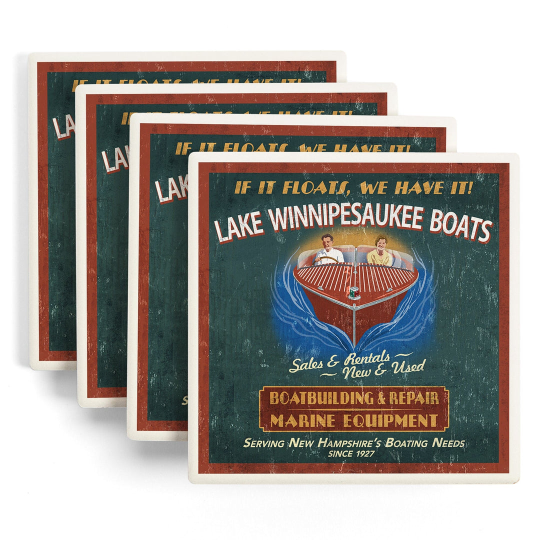 Lake Winnipesaukee, New Hampshire, Vintage Boat Sign, Coasters Coasters Lantern Press 
