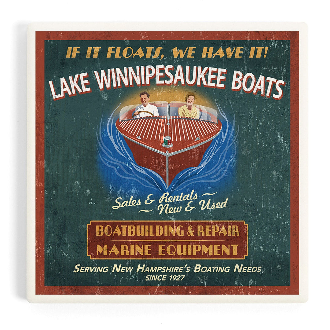 Lake Winnipesaukee, New Hampshire, Vintage Boat Sign, Coasters Coasters Lantern Press Coaster 